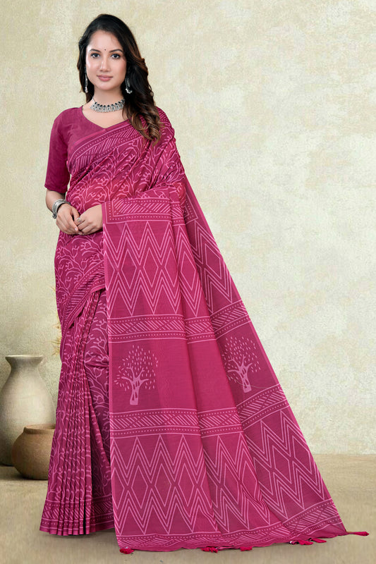 Wine Mul Cotton Printed Saree with All-Over Geometric Batik Print