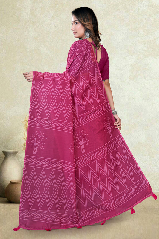 Wine Mul Cotton Printed Saree with All-Over Geometric Batik Print