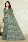 Green Mul Cotton Printed Saree with All-Over Geometric Batik Print
