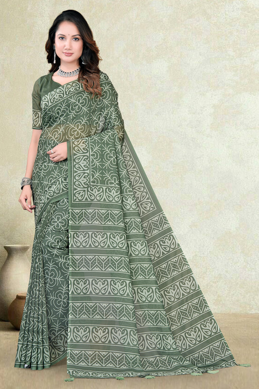 Green Mul Cotton Printed Saree with All-Over Geometric Batik Print