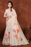 Cream Cotton Saree with Floral Print & Designer