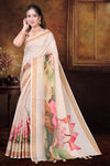 Cream Cotton Saree with Lotus Floral Print