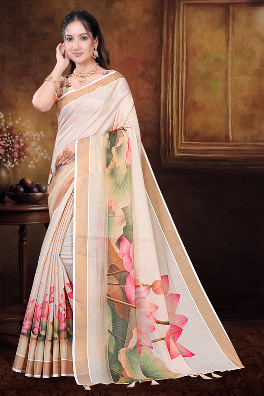 Cream Cotton Saree with Lotus Floral Print