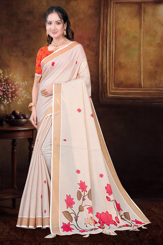 Cream Cotton Saree with Lotus Floral Print & Temple Border