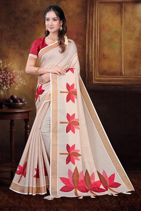 Cream Cotton Saree with Lotus Floral Print & Traditional Border