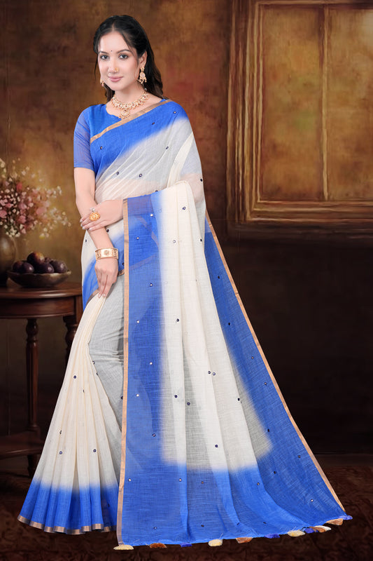 White South Cotton Saree with Handloom Mirror Work