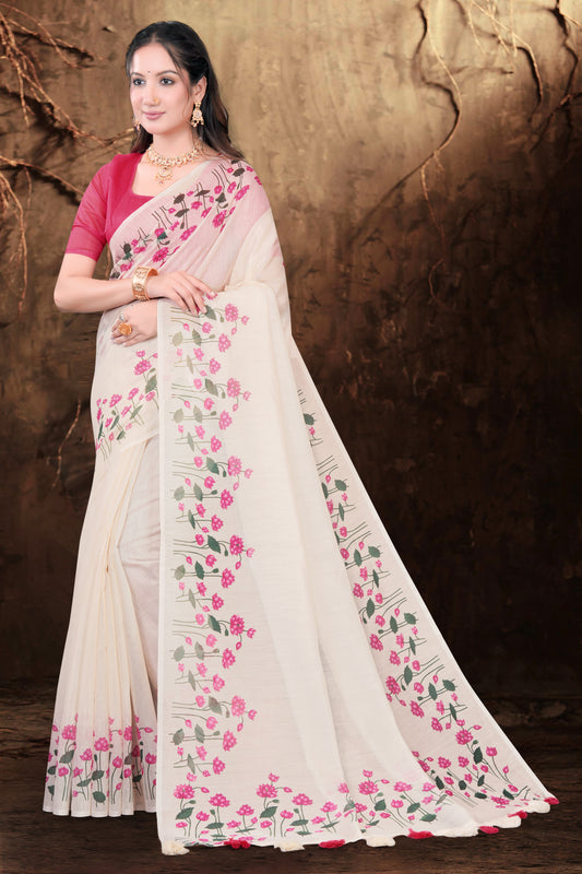 White South Cotton Saree with Floral Print Border