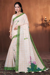 White South Cotton Saree with Grid Check & Lotus Print