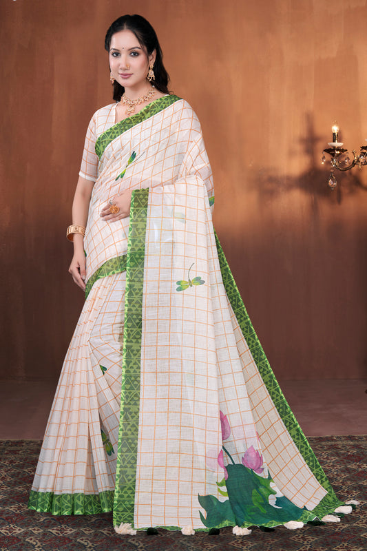White South Cotton Saree with Grid Check & Lotus Print
