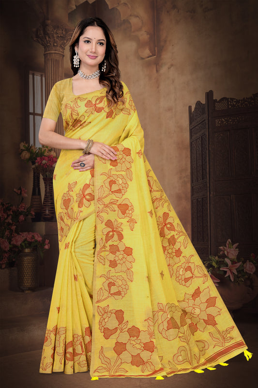 Ready-to-Wear Woven Cotton Saree with Pre-Draped Floral Jacquard