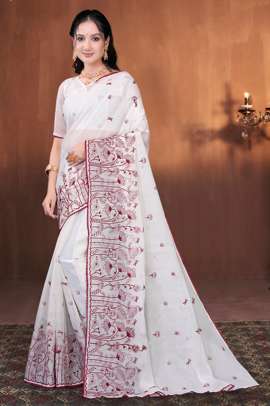 Cream & Maroon South Cotton Saree with Pure Floral Embroidery Border