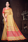 Handloom Cotton Saree with Woven Border & Striped Pallu