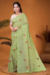 Green & White Mul Cotton Printed Saree with Checked Pattern