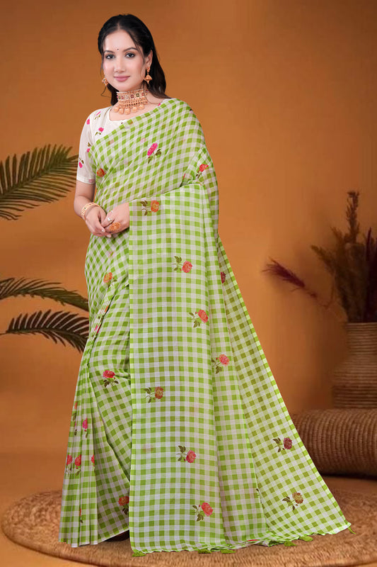 Green & White Mul Cotton Printed Saree with Checked Pattern