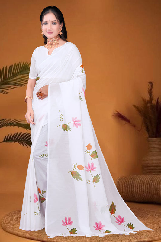 White Mul Cotton Printed Saree with Elegant Floral Print