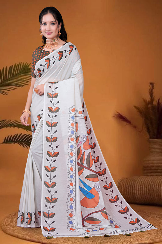 Mul Cotton Printed Saree with Artistic Bird