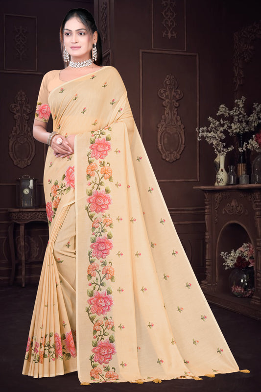 Beige Mul Cotton Printed Saree with Elegant Border Design