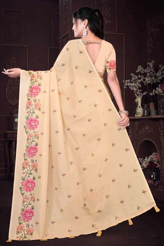 Beige Mul Cotton Printed Saree with Elegant Border Design