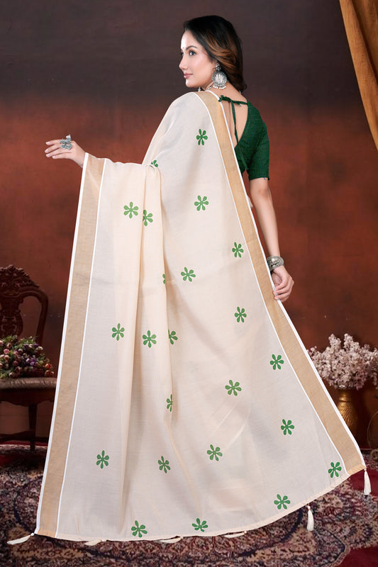 Cream Cotton Saree with Minimal Floral Print