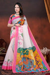 White South Cotton Saree with Radha Krishna Print
