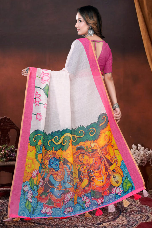White South Cotton Saree with Radha Krishna Print