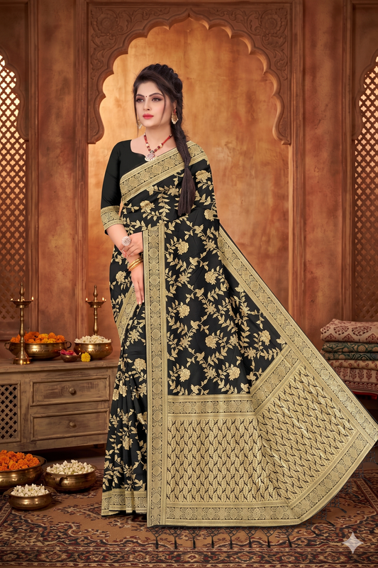 Banarasi Jacquard Woven Saree with Rich Floral Zari Work & Designer Pallu