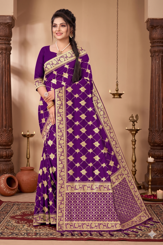 Ready to Wear Banarasi Jacquard Woven Saree with Rich Zari Border & Designer Pallu