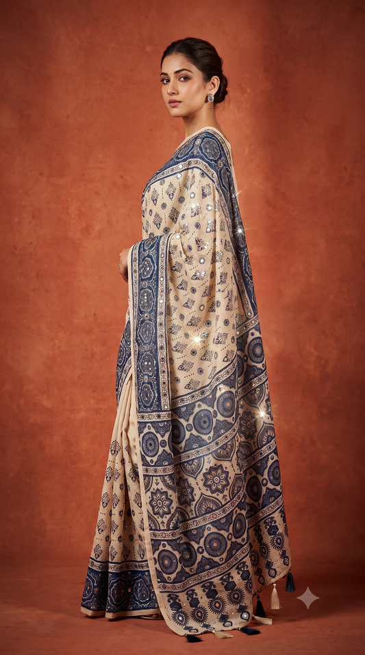 Blue Ajrak Bandhani Patola Saree with Traditional Indigo Floral