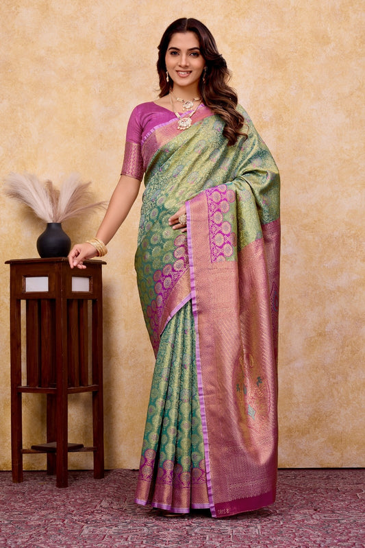 Pure Kanjivaram Silk Woven Designer Saree — Green & Rani