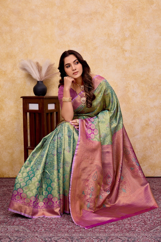 Pure Kanjivaram Silk Woven Designer Saree — Green & Rani