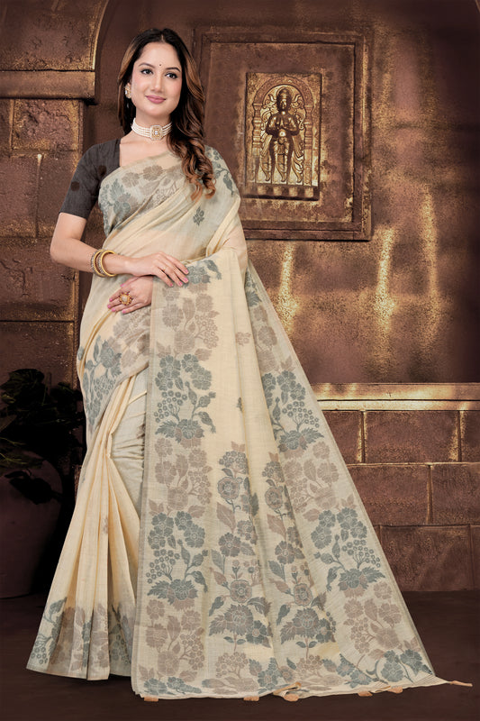 Cotton Woven Saree with Intricate Floral Jacquard Motif