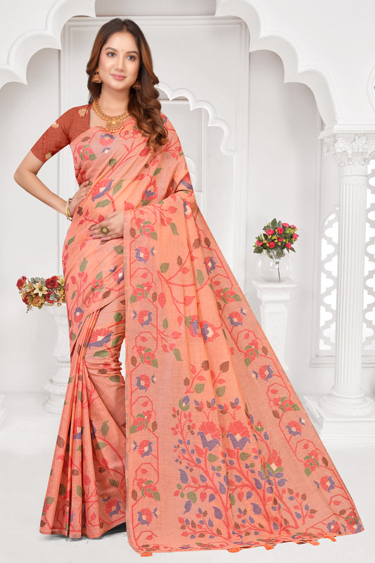 Woven Cotton Saree with Vibrant Multi-Colour Floral Jacquard