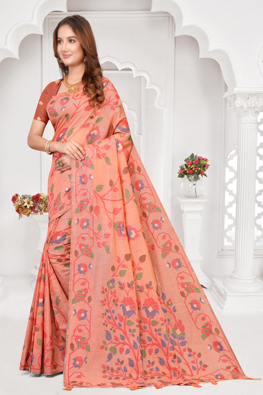Woven Cotton Saree with Vibrant Multi-Colour Floral Jacquard