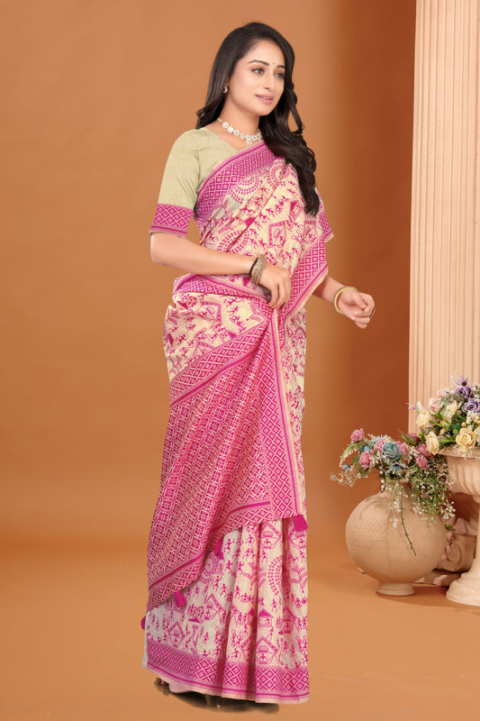 Warli Tribal Cotton Woven Saree with Heritage Motif