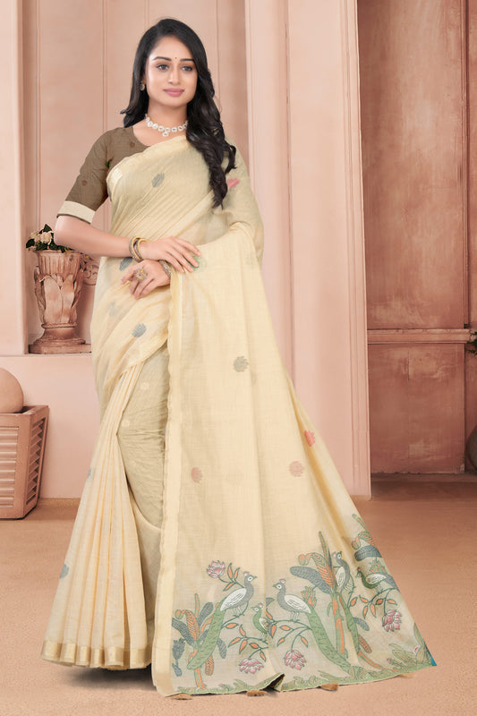 Pichwai Cotton Woven Saree with Zari Border