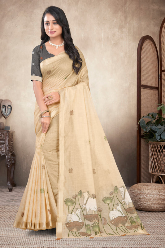 Pichwai Cotton Woven Saree with Zari Border