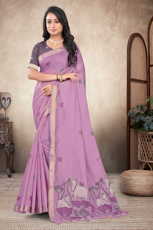 Pichwai Cotton Woven Saree with Zari Border