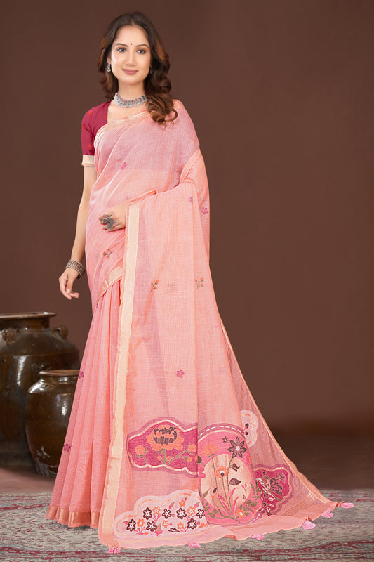 Cotton Woven Saree with Floral Pallu and Zari Border