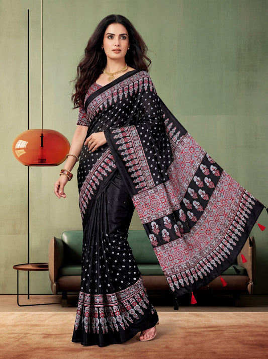 Crimson Ajrak Modal Silk Saree