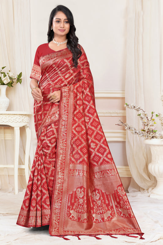 Banarasi Silk Bandhani Patola Woven Gold Zari Saree