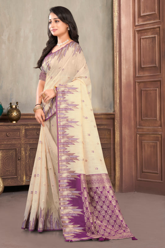 Linen Woven Saree with Temple Zari Border