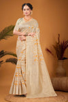 Linen Woven Saree with Leaf Motif and  Zari Border