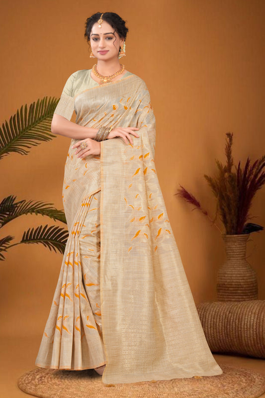 Linen Woven Saree with Leaf Motif and  Zari Border