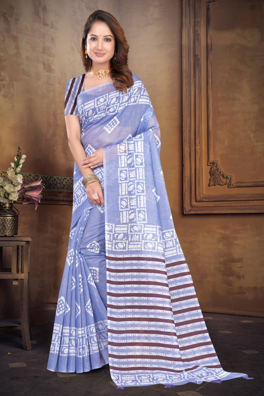 Blue Cotton Saree with Batik Print