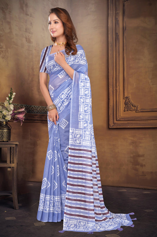 Blue Cotton Saree with Batik Print