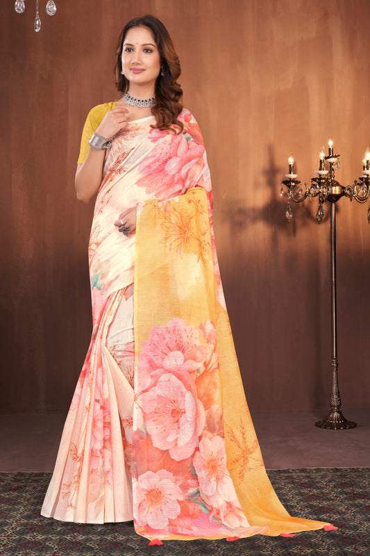 Yellow Cotton Saree with Pink WaterColour Floral Print