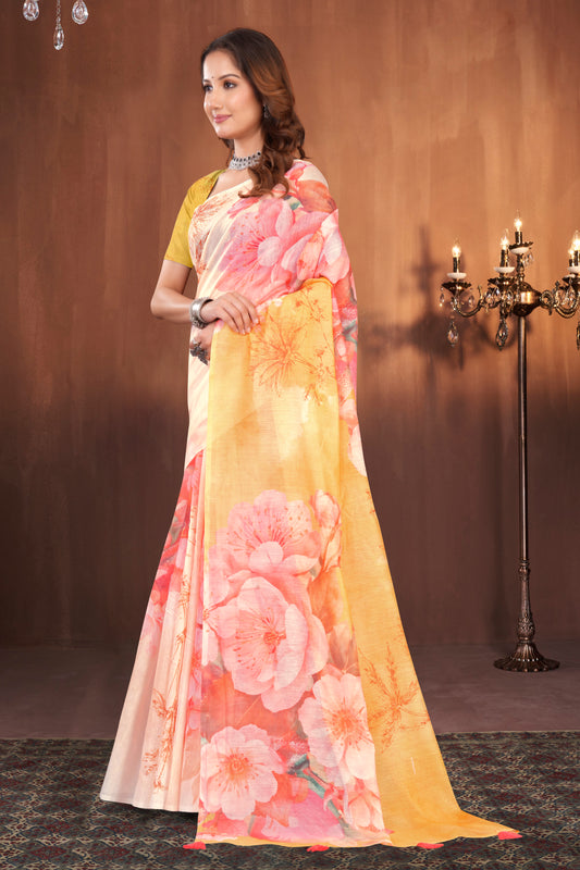 Yellow Cotton Saree with Pink WaterColour Floral Print