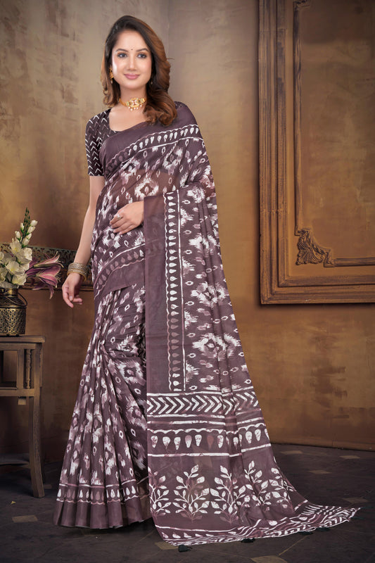 Cotton Saree with Ikat-Inspired Batik Print