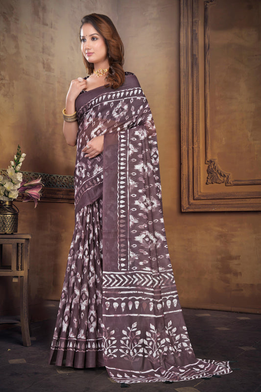 Cotton Saree with Ikat-Inspired Batik Print