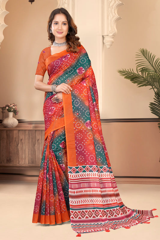Multi-Colour Cotton Saree with Bandhani and Ajrakh Fusion Print